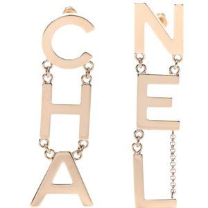 Authentic CHANEL Metal Cha-Nel Logo Drop Earrings Gold toned
